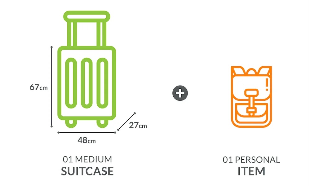 여행가방 및 개인 소지품 허용량 수하물 크기 도면. 여행가방 크기는 48 x 27cm이고, 개인 소지품은 작은 배낭이며, 크기는 명시되어 있지 않습니다.